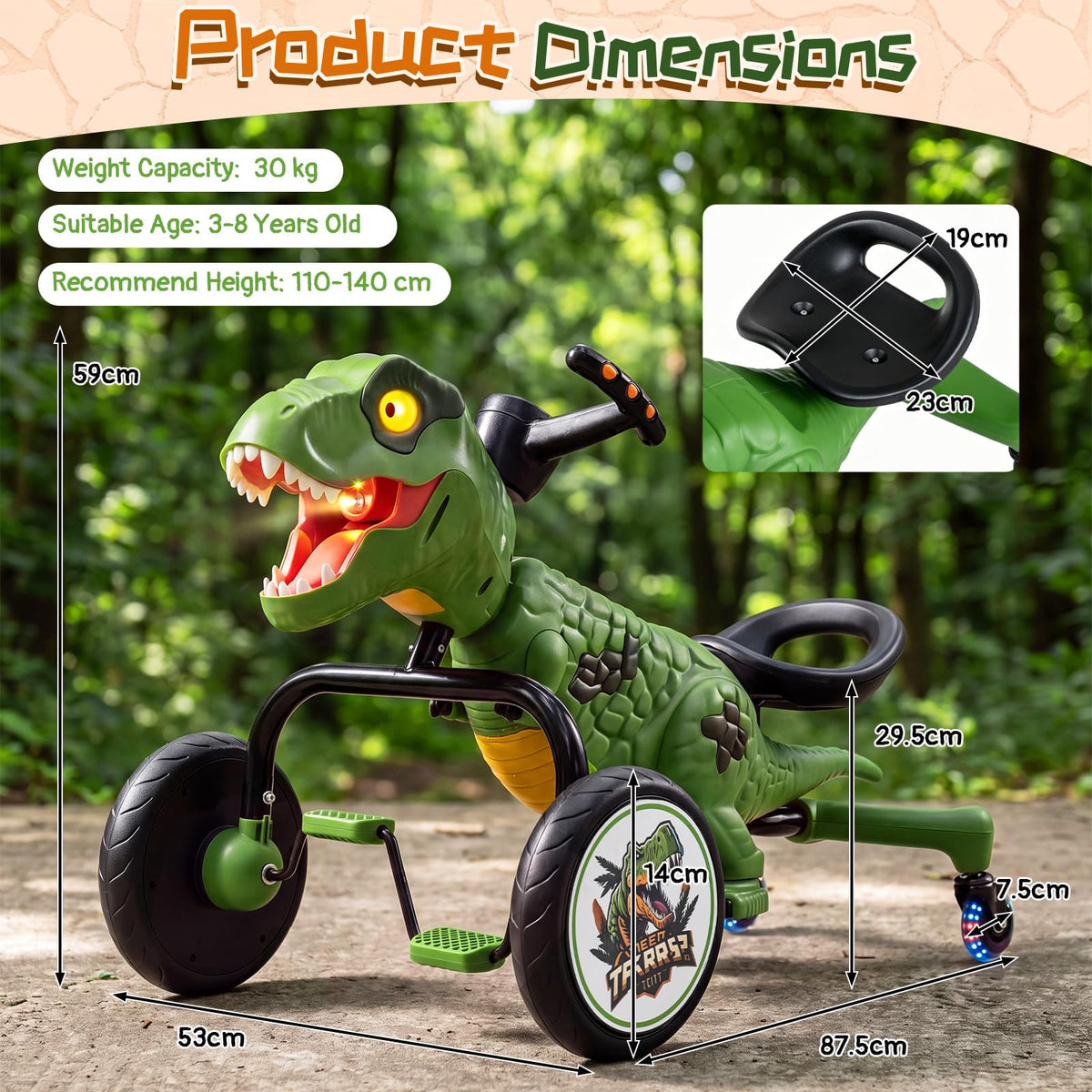 Kids Tricycle, Dinosaur Toddler Trike with Lights