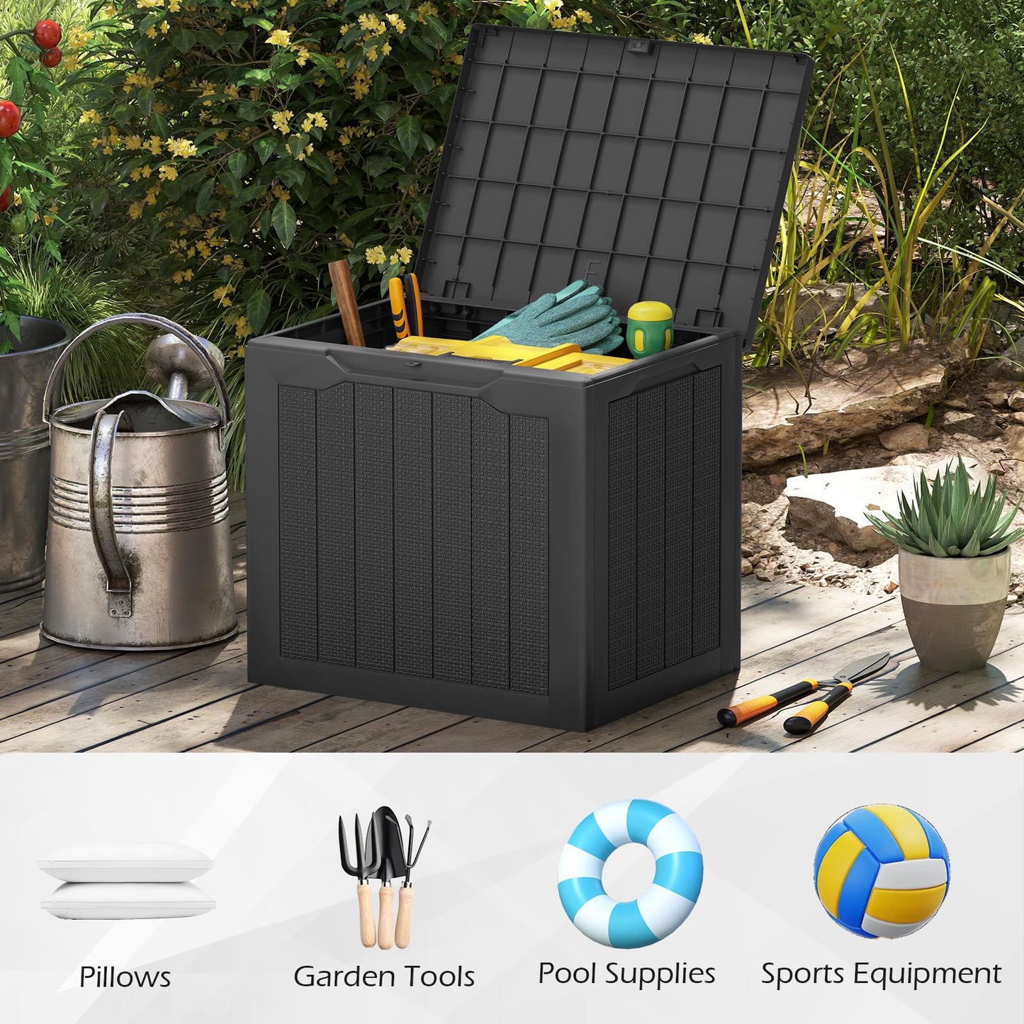 96L Outdoor Storage Box with Lockable Lid and Wicker-Woven Texture