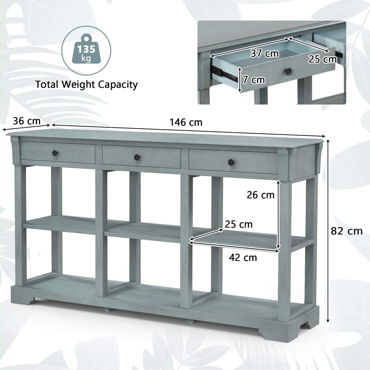 146cm Long Slim Entryway Sofa Table with 3 Drawers & Open Storage Shelves