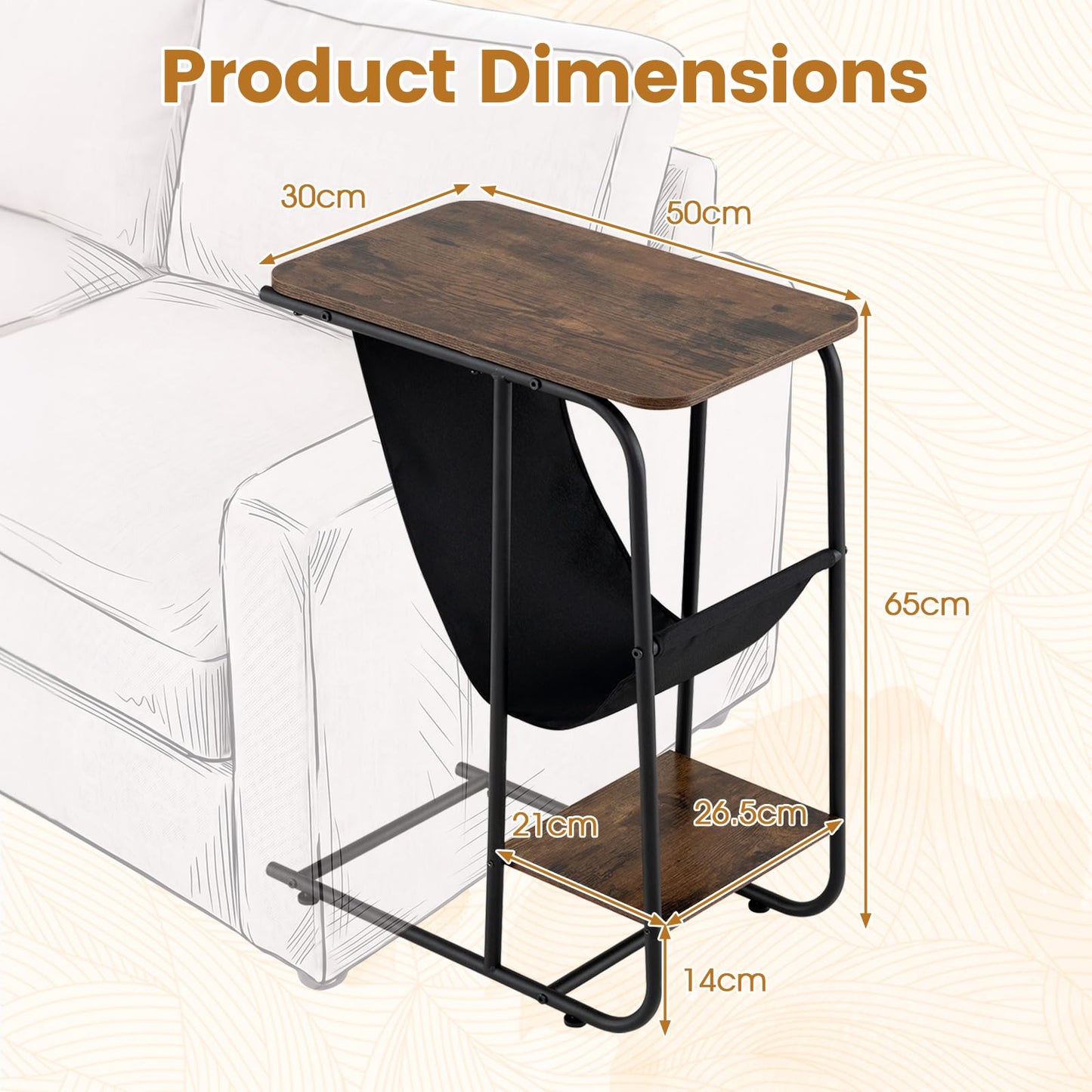 C-Shaped Side Table, Industrial Sofa End Table with Magazine Holder