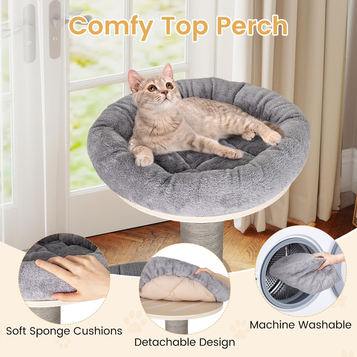 Cat Tree, Tall Multi-Layer Cats Tower with Comfy Padded Top Perch