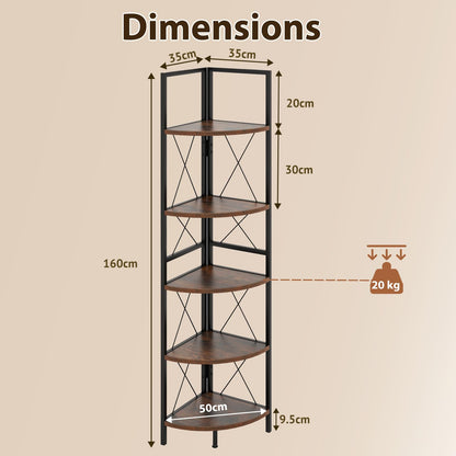 160 CM 5 tier Corner Bookshelf with Metal Frame X-shaped Brackets