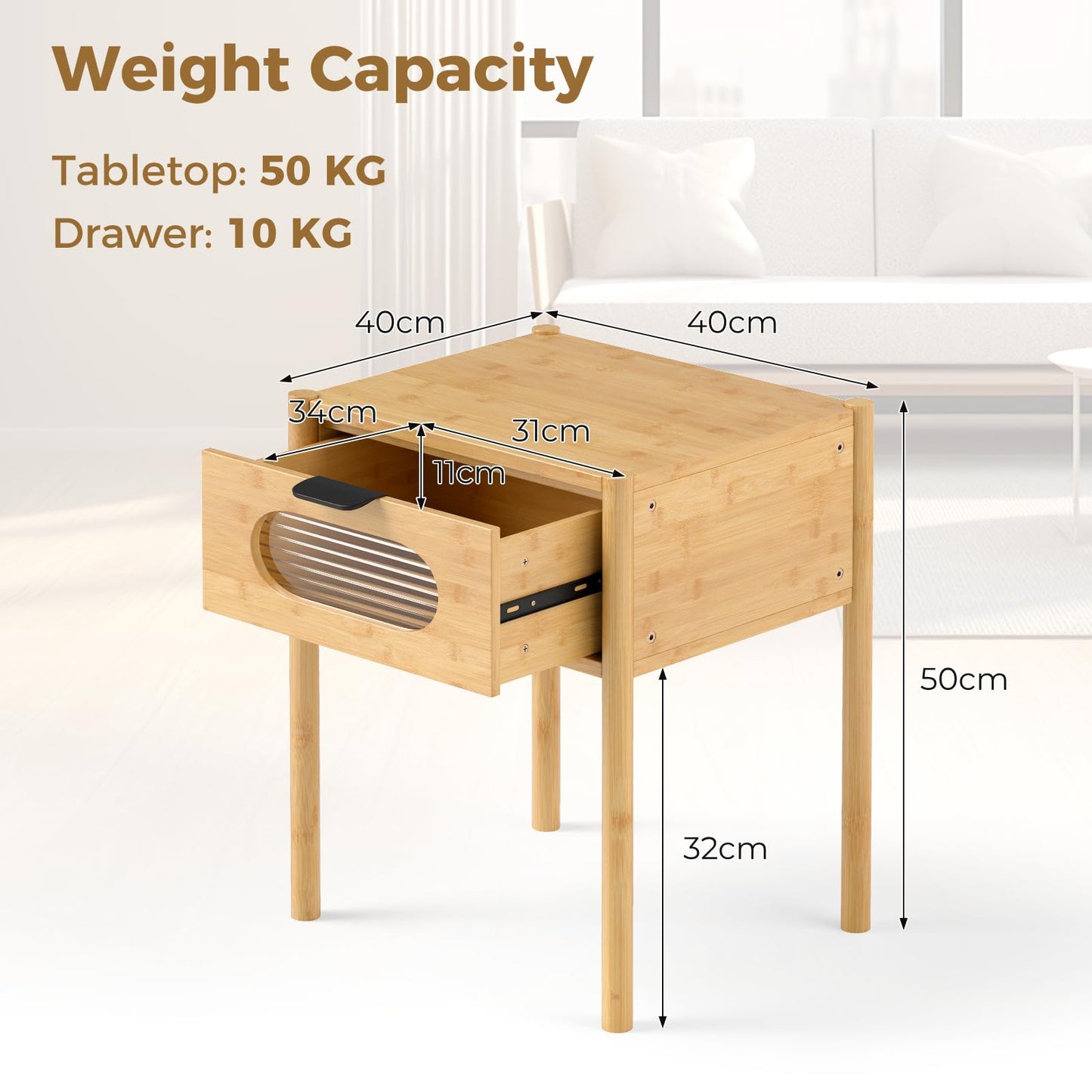 Farmhouse Bedside Table with Tempered Glass Decorated Drawer