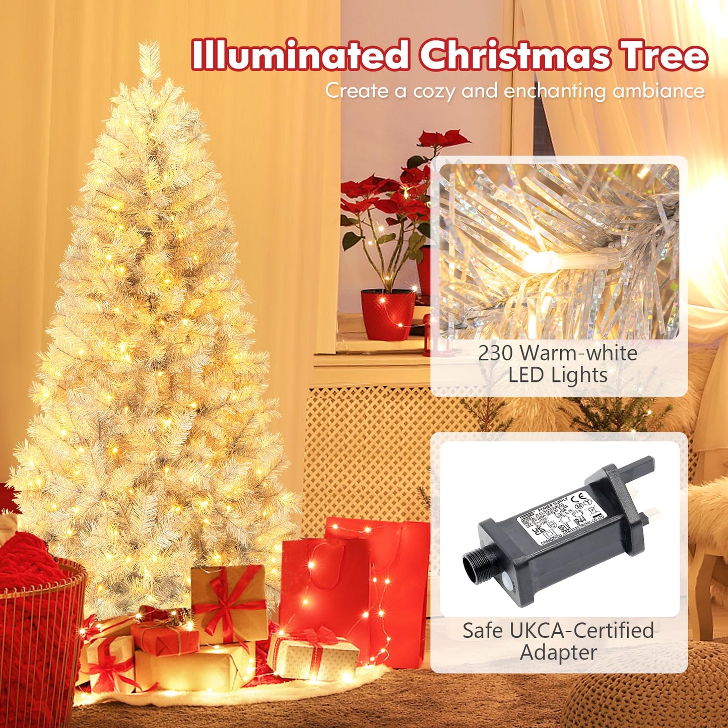 6FT Pre-Lit Artificial Christmas Tree, Hinged Xmas Tree with 553 Branch Tips