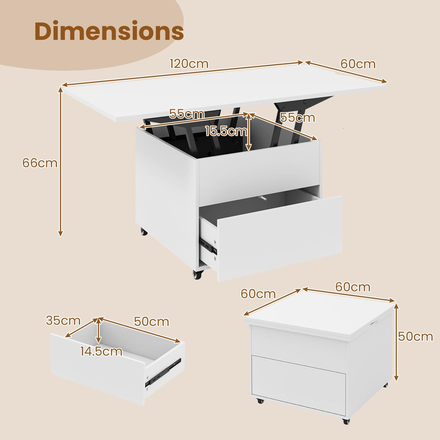 Lift Up Top Coffee Table, 3-in-1 Convertible Wooden Cocktail Center Table