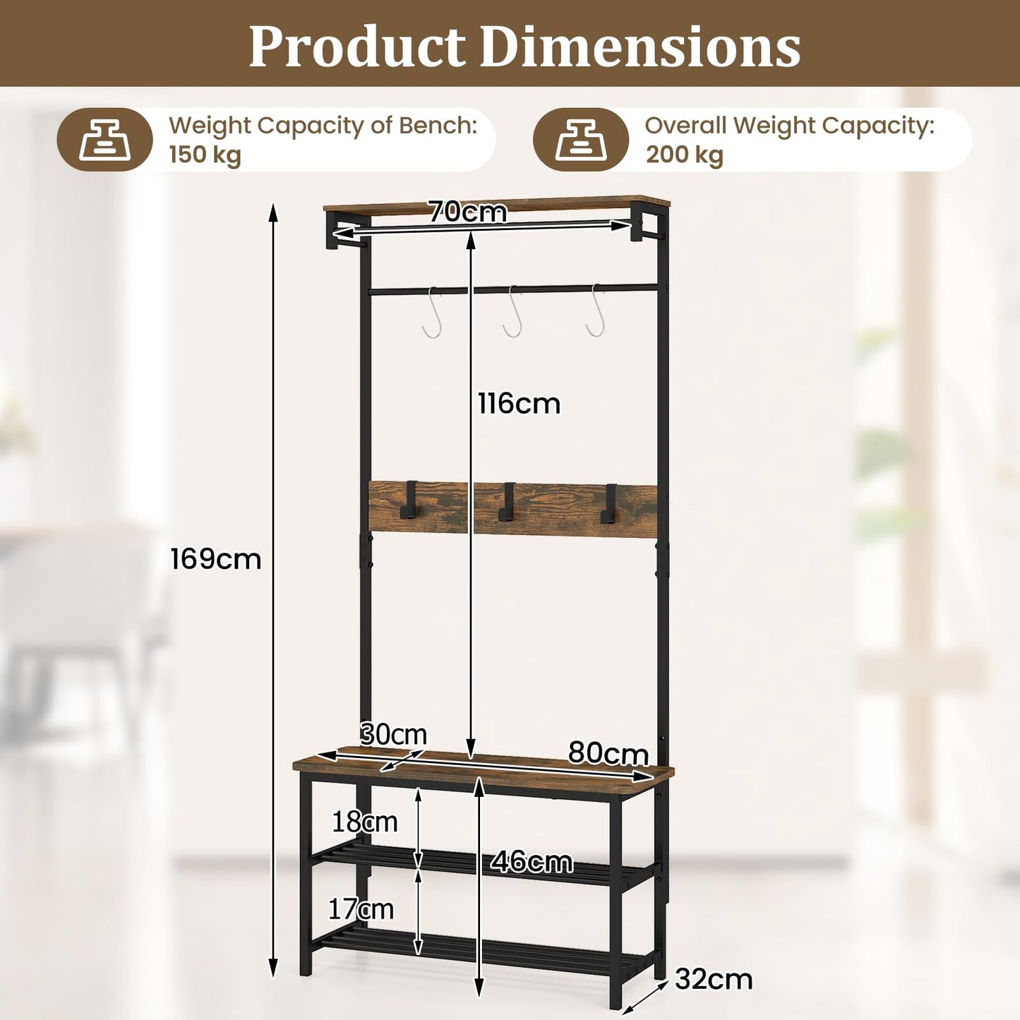 Hall Tree with Bench and Shoe Storage with Hanging Bars