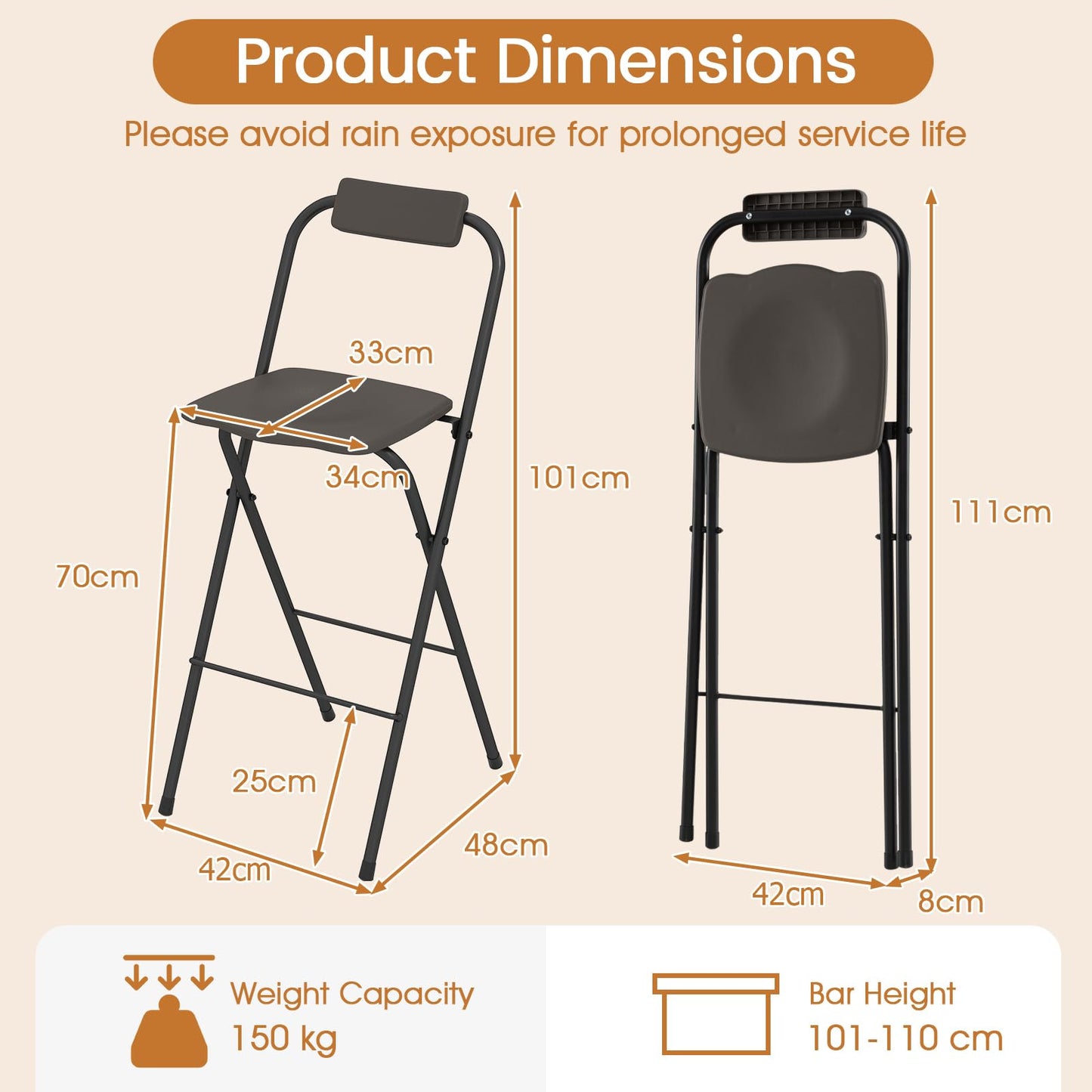 Folding Bar Stools Set of 2, Outdoor Barstools with Backrest and Footrest