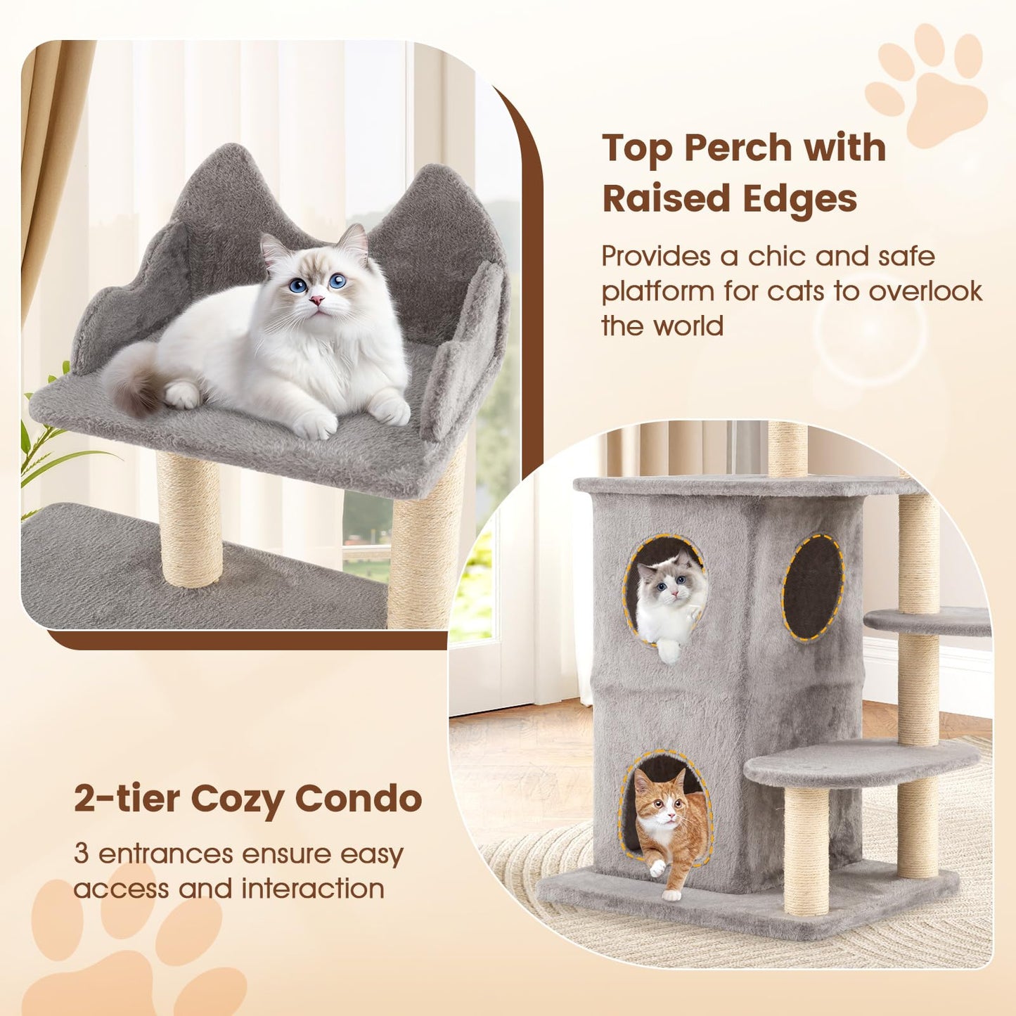 Cat Tree, 123cm Tall Multi-Layer Cats Tower with Plush Perch, 2-story Condo, 3 Hideaway Caves