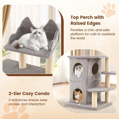 Cat Tree, 123cm Tall Multi-Layer Cats Tower with Plush Perch, 2-story Condo, 3 Hideaway Caves