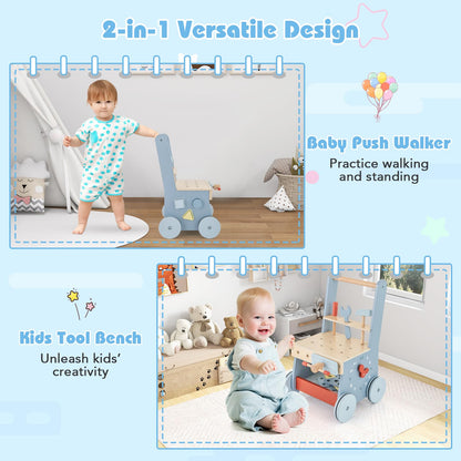 Wooden 2 in 1 Baby Walker and Toy Tool Bench with Activity Center