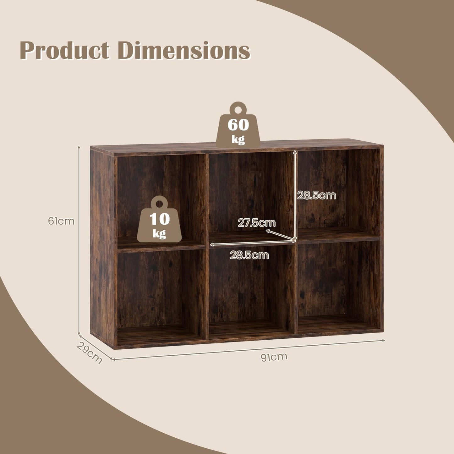 6-Cube Bookcase 3-Tier Storage Organizer with Anti-Tipping Kits for Living Room Study