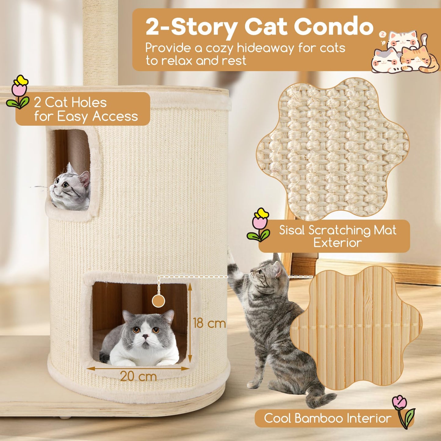 151cm Wooden Cat Climbing Tower with 2-Story Condo