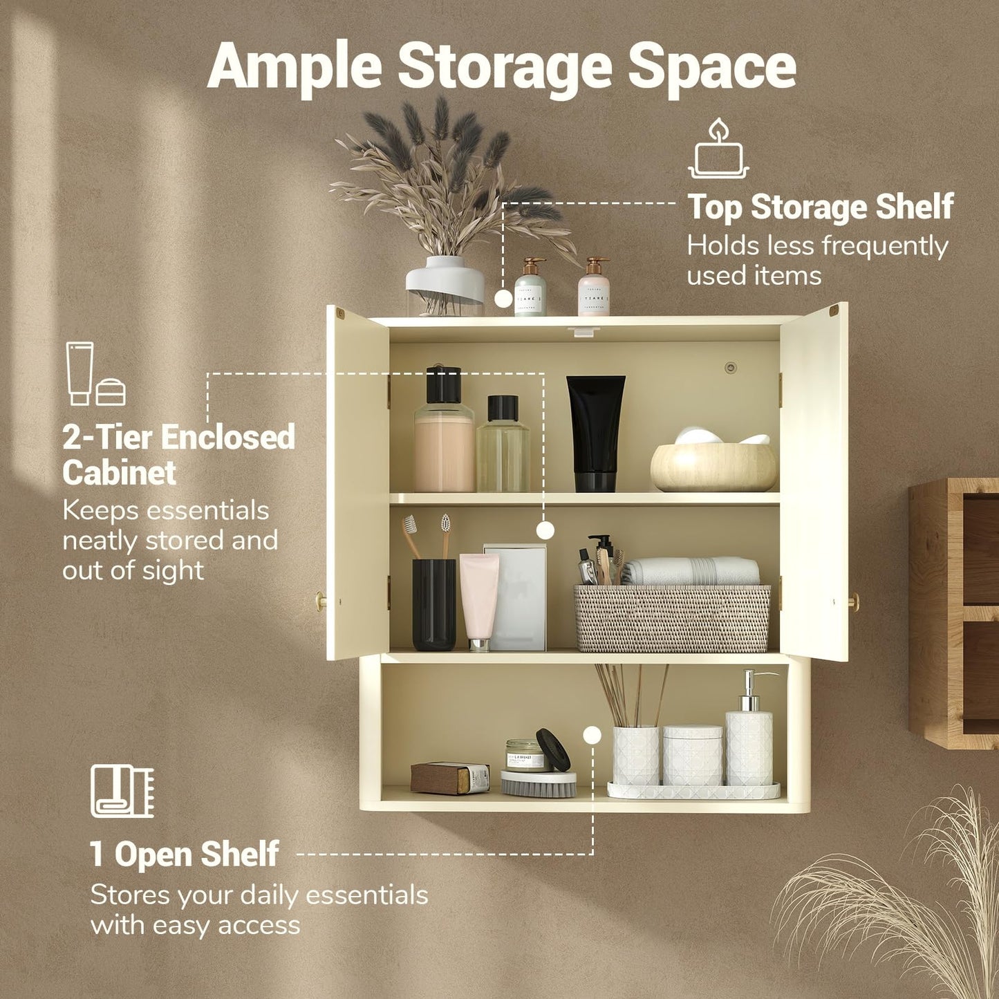 Fluted Bathroom Wall Cabinet Modern Double Door Medicine Cabinet