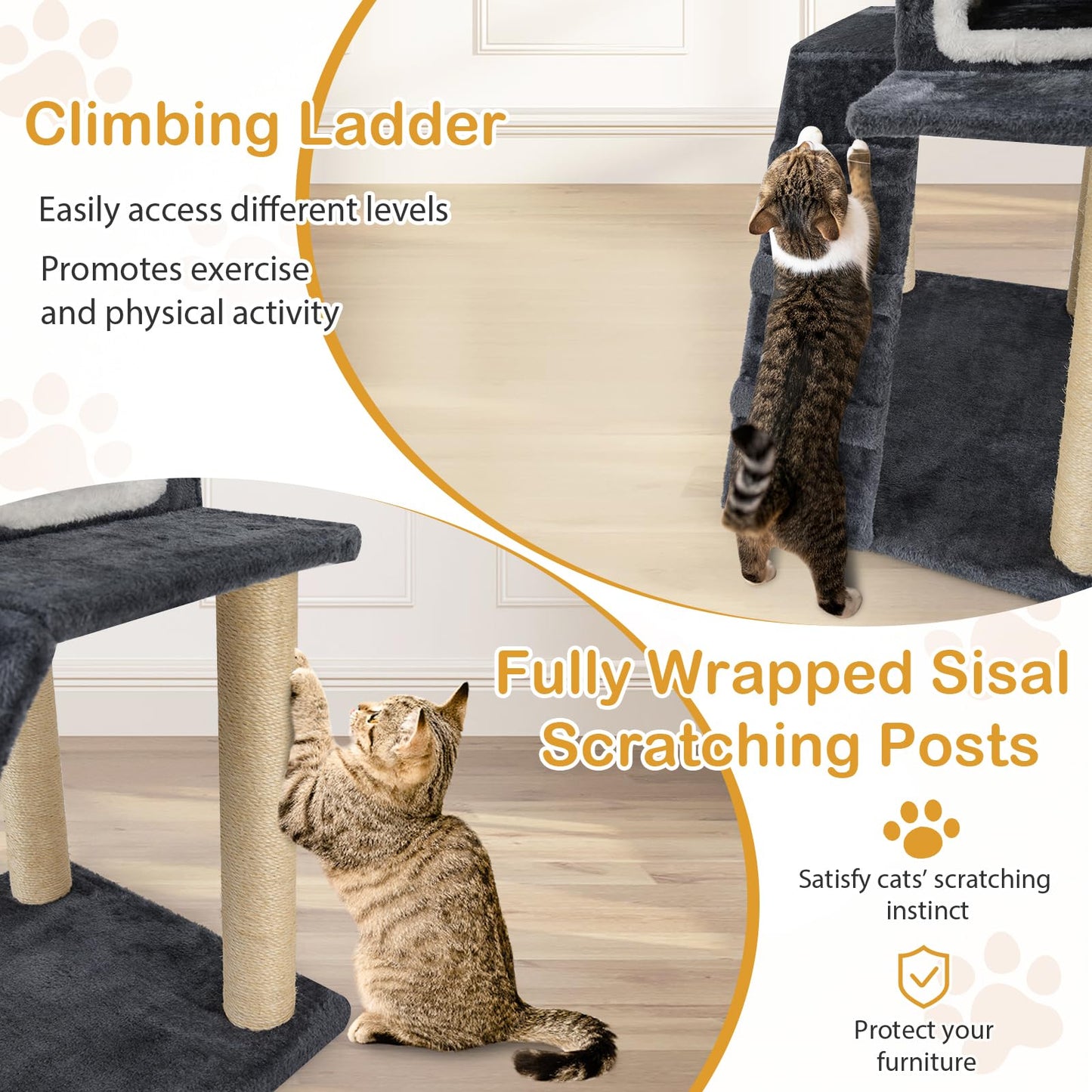 90cm Modern Cat Tree 3-level Cat Condo Furniture with Openable Roof
