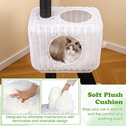 Cat Tree 110cm Lamb-Shaped Cat Tower with 2-Door Rattan Condo Sisal Scratching Posts