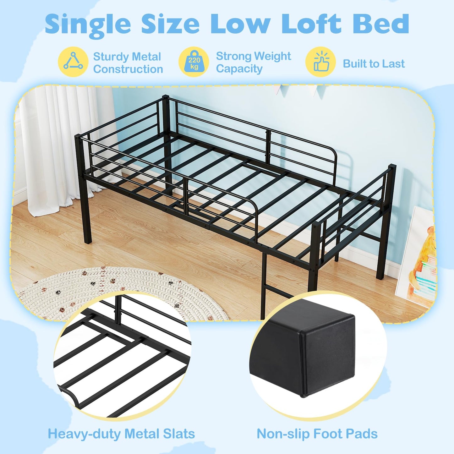 Single Size Low Loft Bed Metal Bed Frame with Safety Guardrails and 2 Ladders