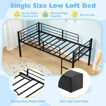 Single Size Low Loft Bed Metal Bed Frame with Safety Guardrails and 2 Ladders