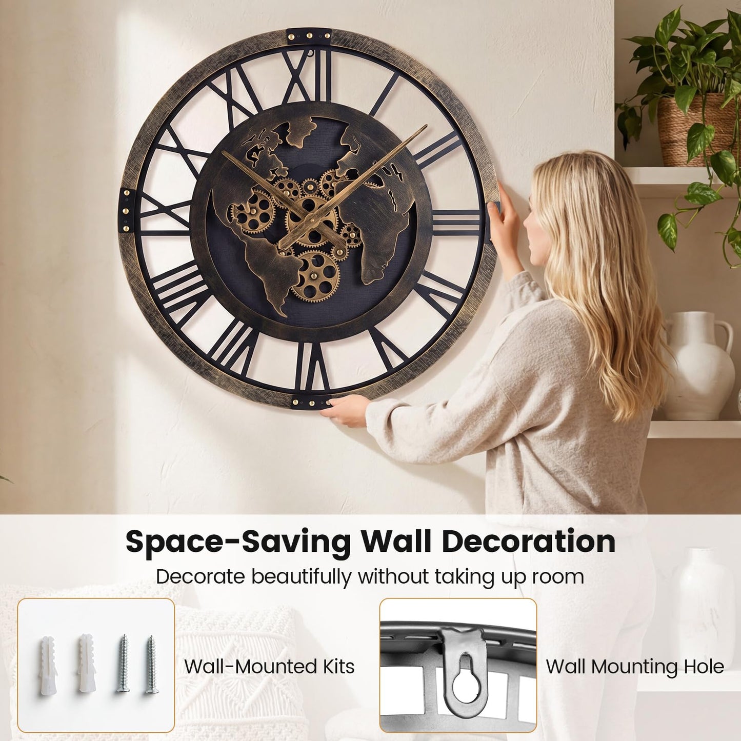 Large Wall Clock, 27”/68cm Metal Non-Ticking Decorative Clock, Battery-Operated Wall Decoration