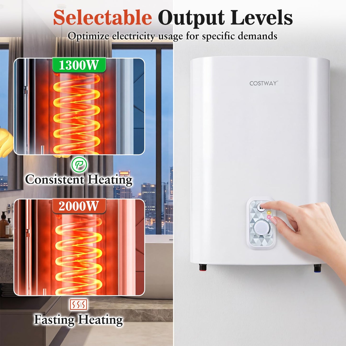 25L Electric Water Heater with Dual Power and Anti-Scale Enamelled Tank Eco Mode
