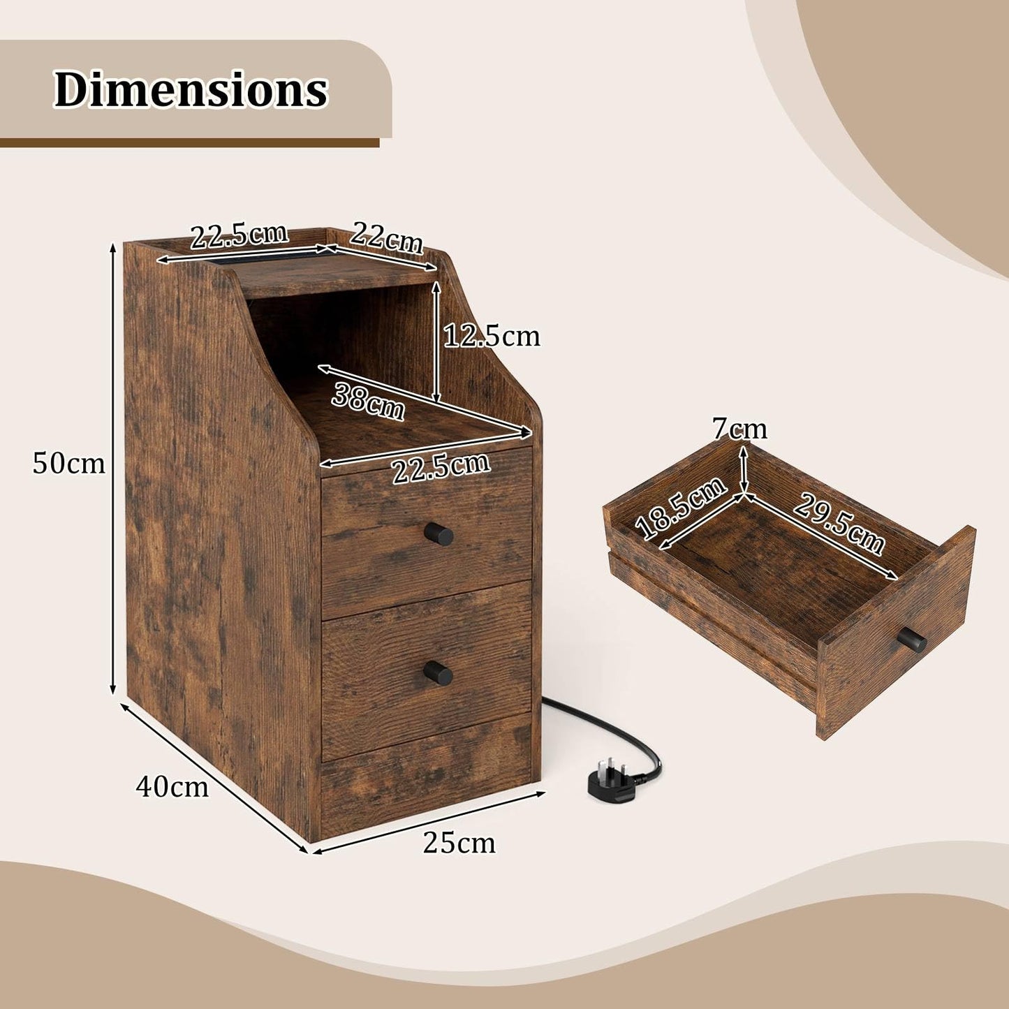 End Table with Charging Station & Storage Drawers for Small Space Living Room Bedroom