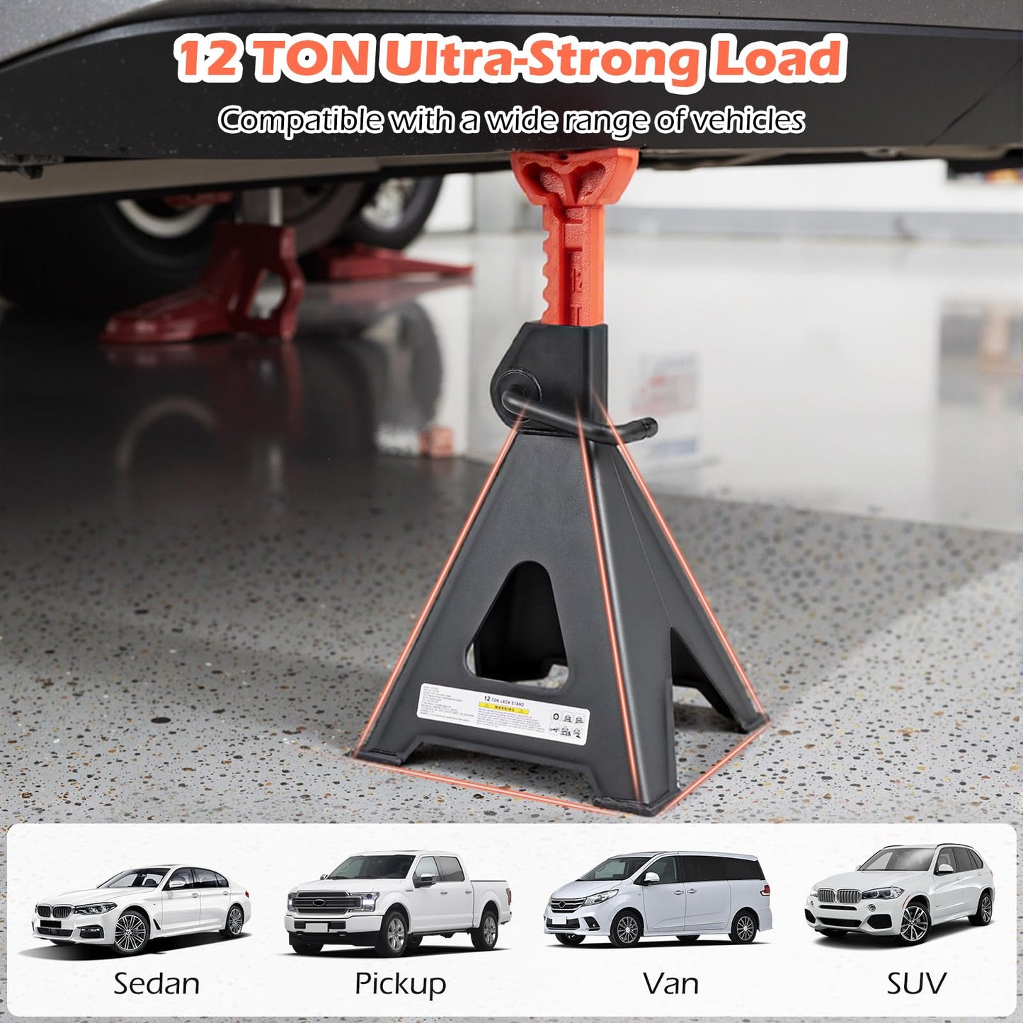 2 Pack Jack Stands, 6/12 Ton Capacity Per Stand