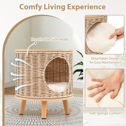 Wicker Cat Bed Ottoman Elevated Cats Cave Sleeping House