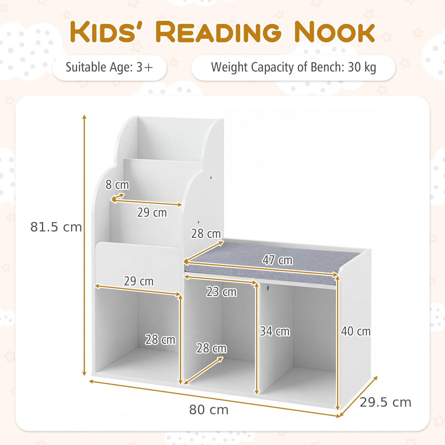 Kids Reading Nook with Bench Wooden Toddler Bookcase with 3 Storage Cubbies