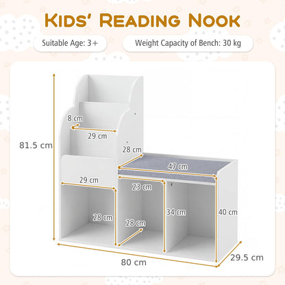 Kids Reading Nook with Bench Wooden Toddler Bookcase with 3 Storage Cubbies