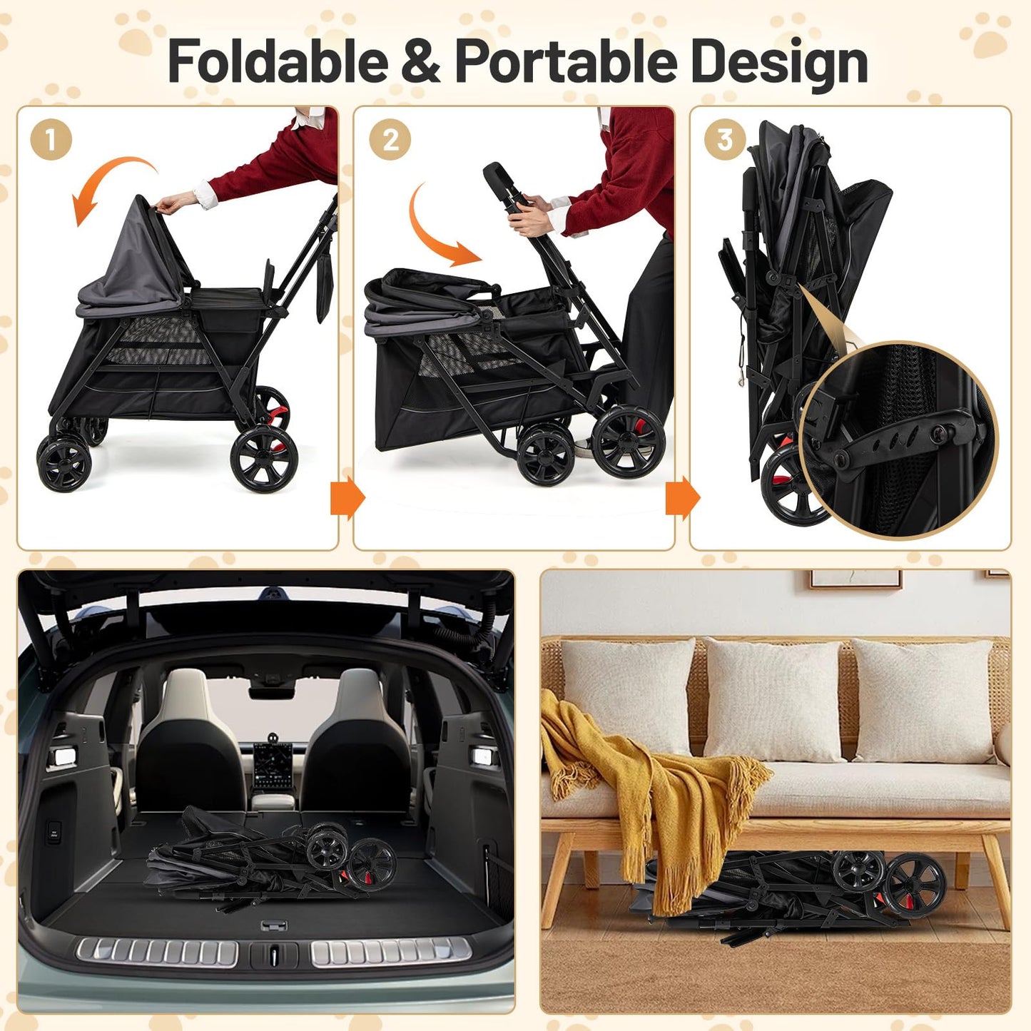 Foldable Dog Pushchair Cat Pram with Dual Entry for Dogs Cats