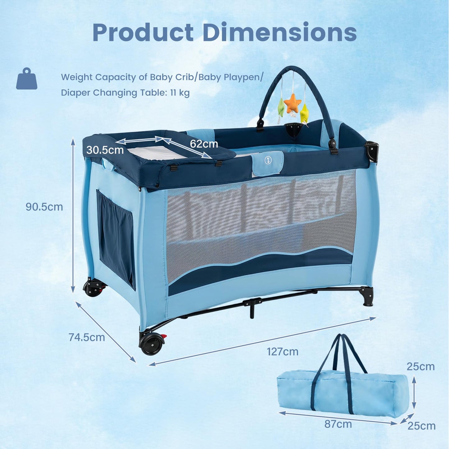 4 in 1 Pack and Play Foldable and Portable Baby Playard with Diaper Changing Table and 3 Hanging Toys