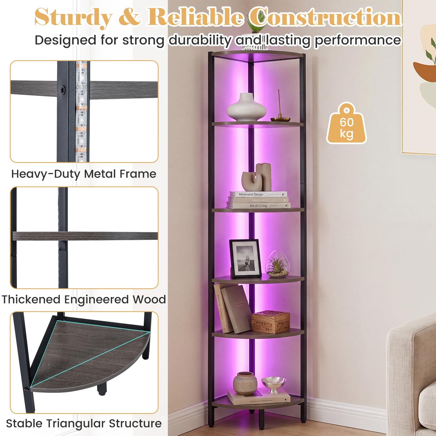 6-Tier Corner Shelf with LED Lights, 172cm Tall Bookshelf