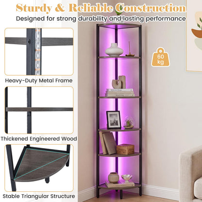 6-Tier Corner Shelf with LED Lights, 172cm Tall Bookshelf