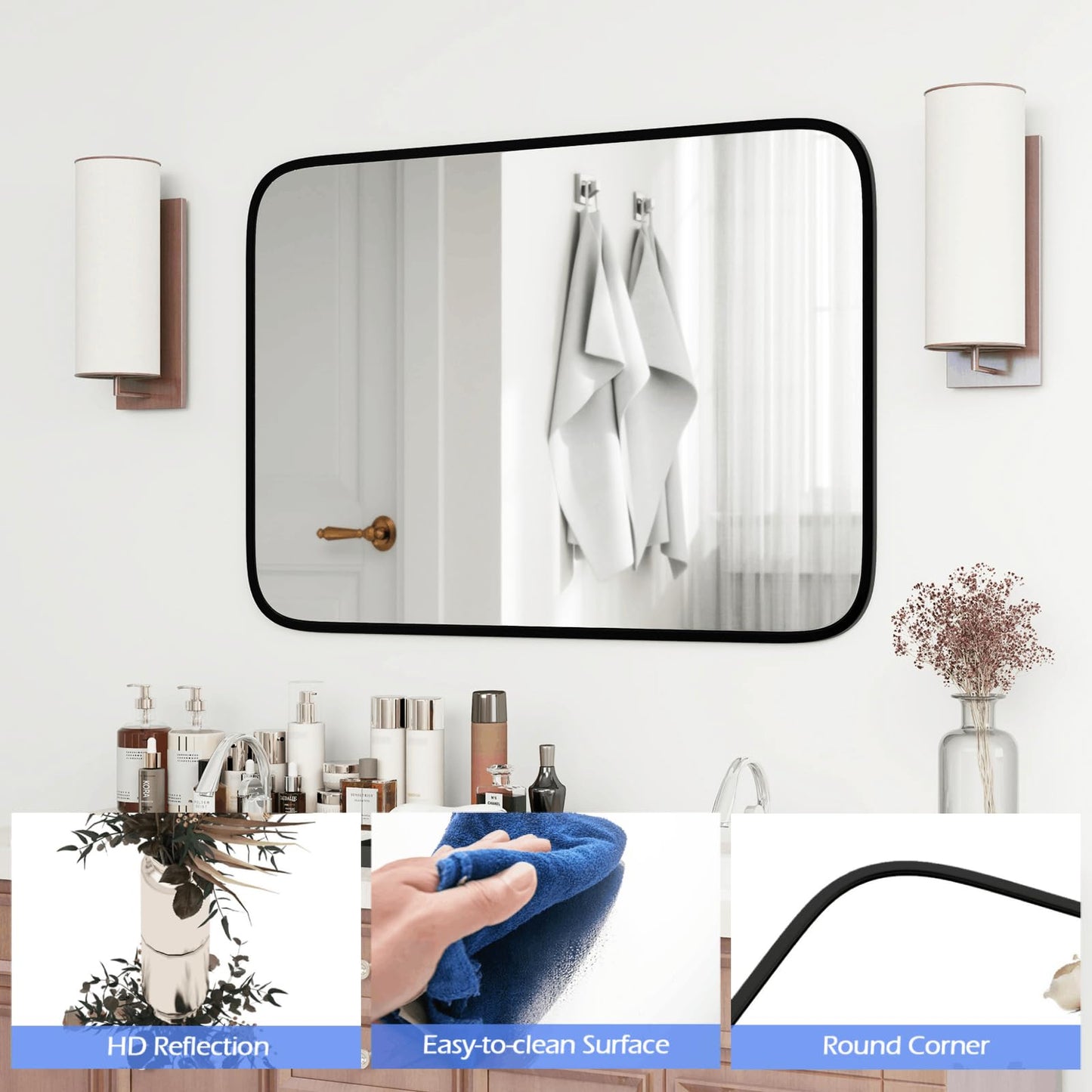 Rectangle Bathroom Mirror with Shatter-Proof Film and Expansion Screws