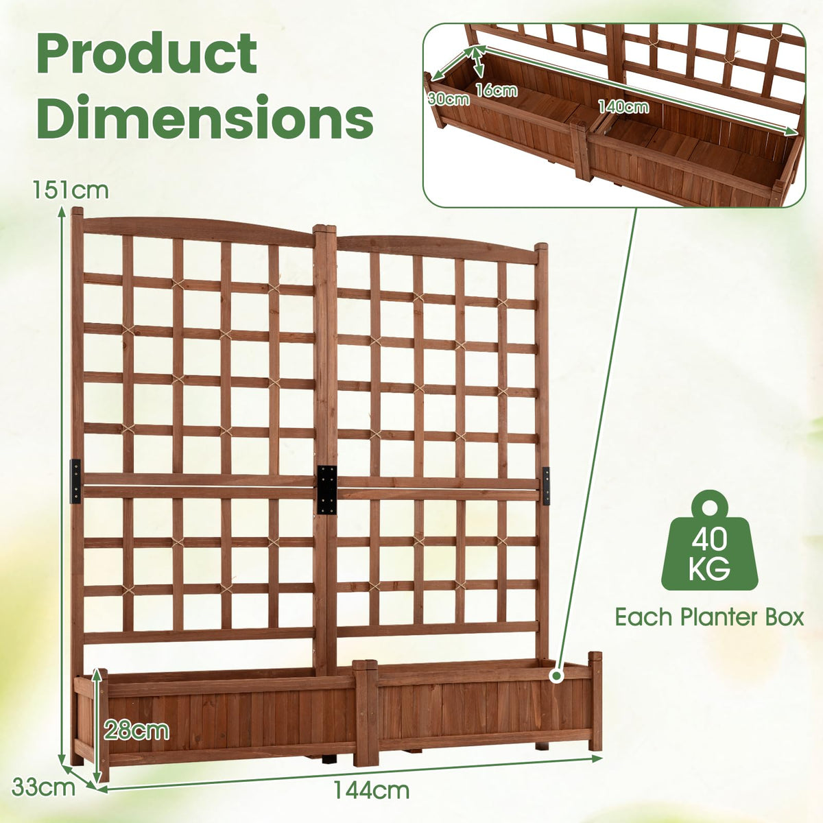 Wooden Garden Planter with Trellis, Raised Garden Bed with 2 Boxes