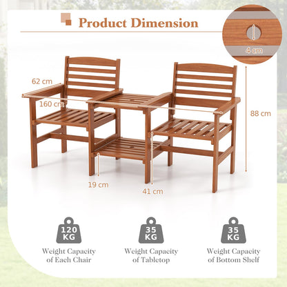 2-Seater Wooden Bench Seat with 2 Tier Coffee Table and Umbrella Hole