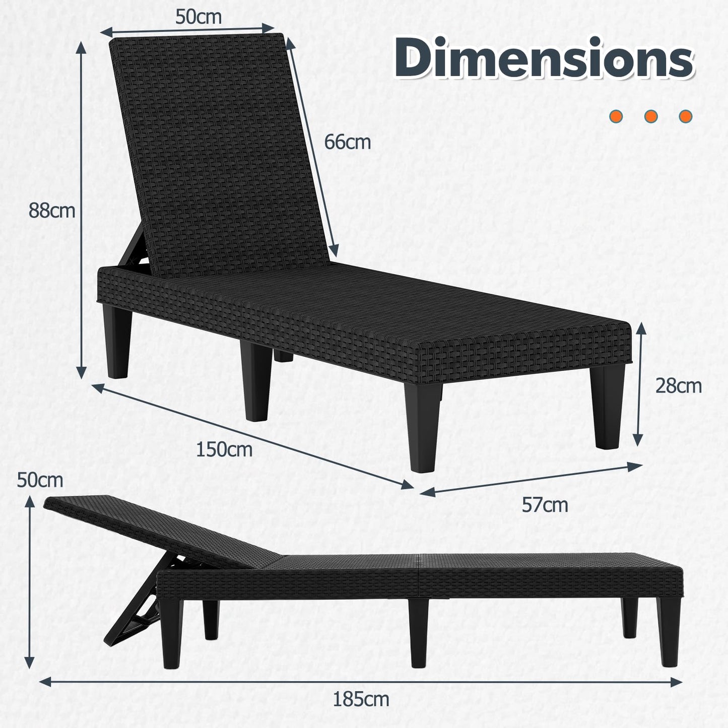 PP Rattan-Style Patio Chaise Lounge Deck Sunbed with 3-Position Adjustable Backrest and 6 Legs