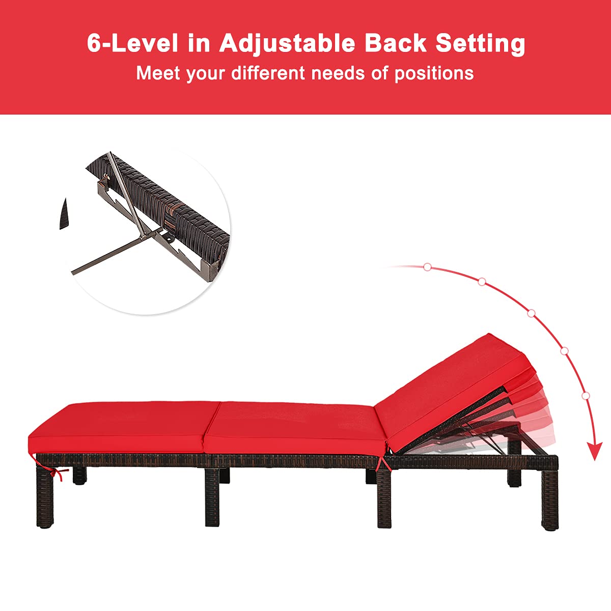 6-level Adjustable Outdoor Leisure Rattan Sun Bed with Removable Cushion