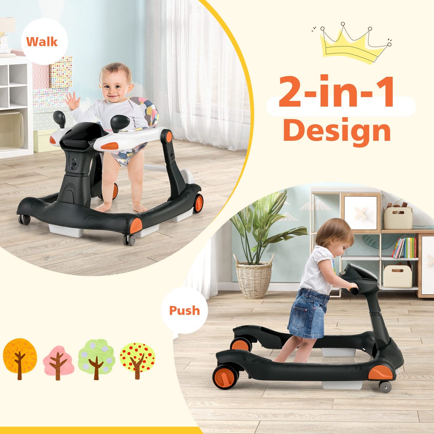2 in 1 Foldable Toddler Push Along Walker with Music