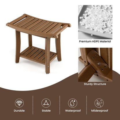 2-Tier Slatted Spa Bath Stool with Storage Shelf & Handles
