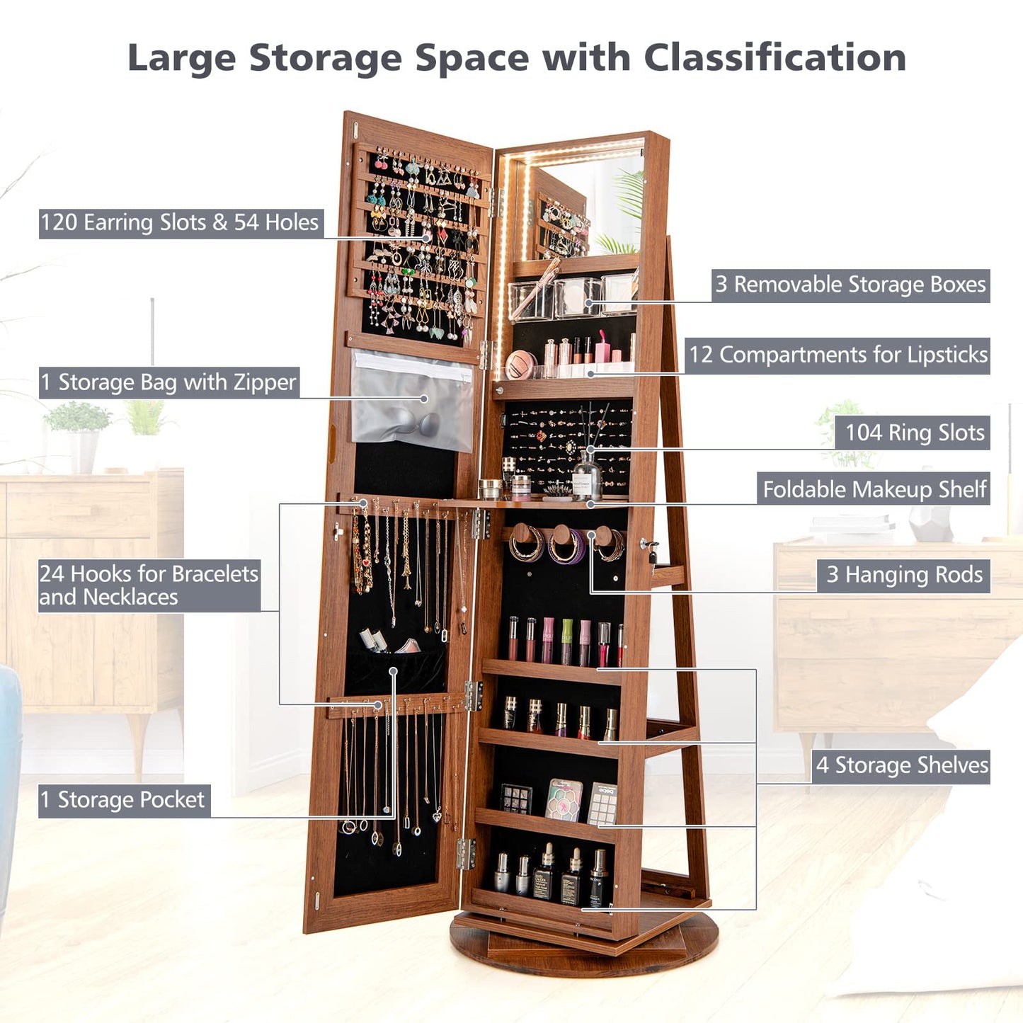 360 Degree Mirrored Jewelry Armoire with 3 Color Auto on LED Lights