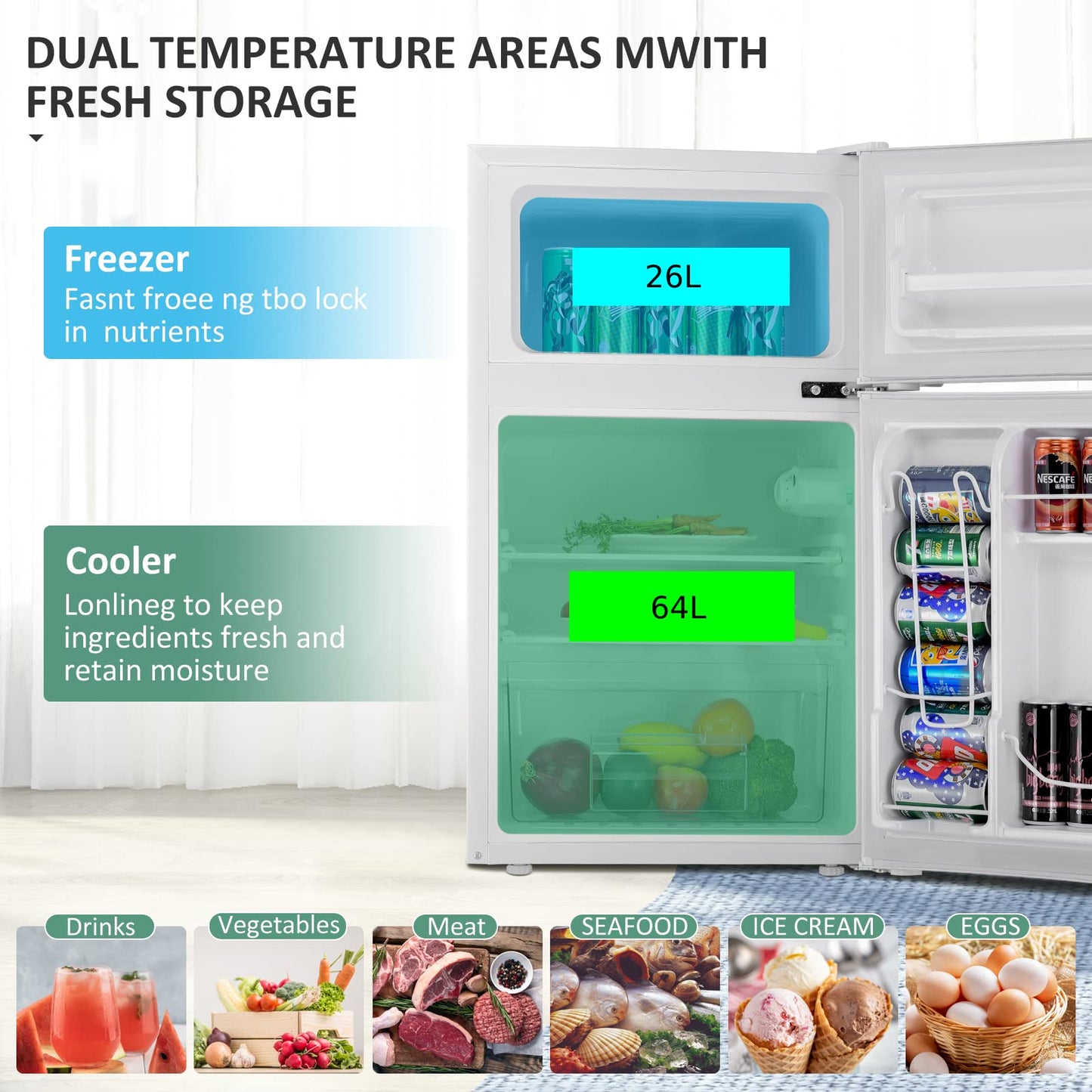 90L Freestanding Undercounter Refrigerator with 2 Reversible Door