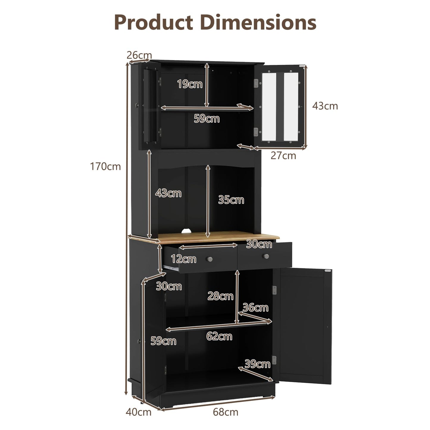 Tall Kitchen Pantry Cabinet with Wood Countertop and Adjustable Shelves