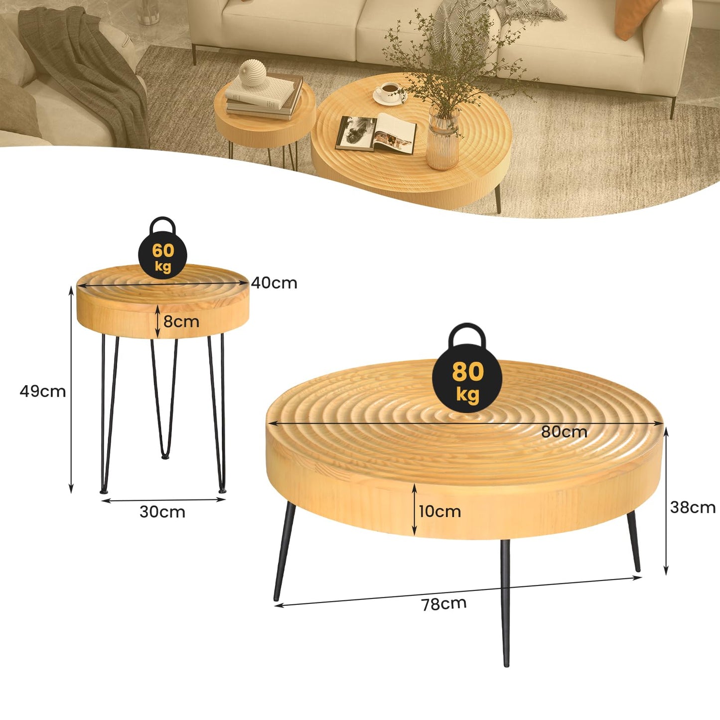 Solid Wood Center Nesting Tables Set of 2 with Water-ripple Tabletop
