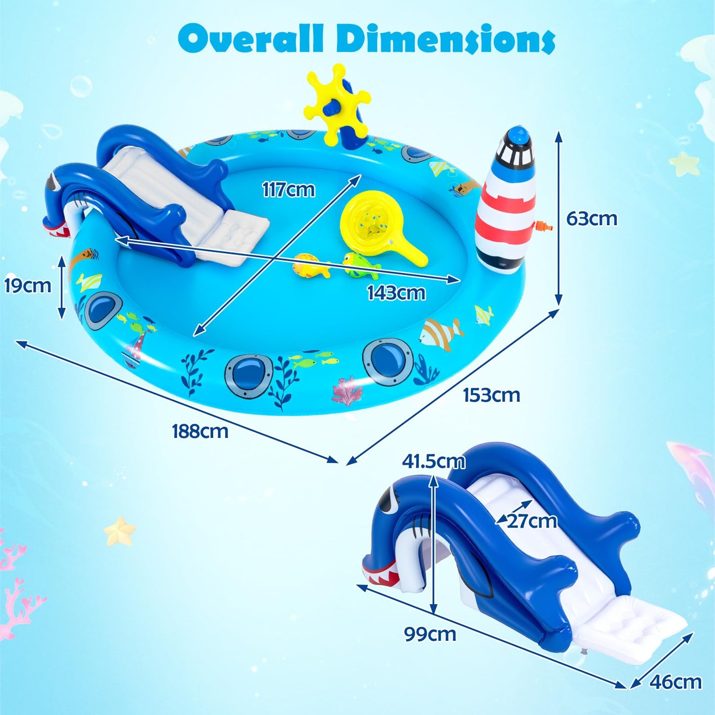 Inflatable Play Center, Marine Life Spray Paddling Pool with Slide & Sprinkle