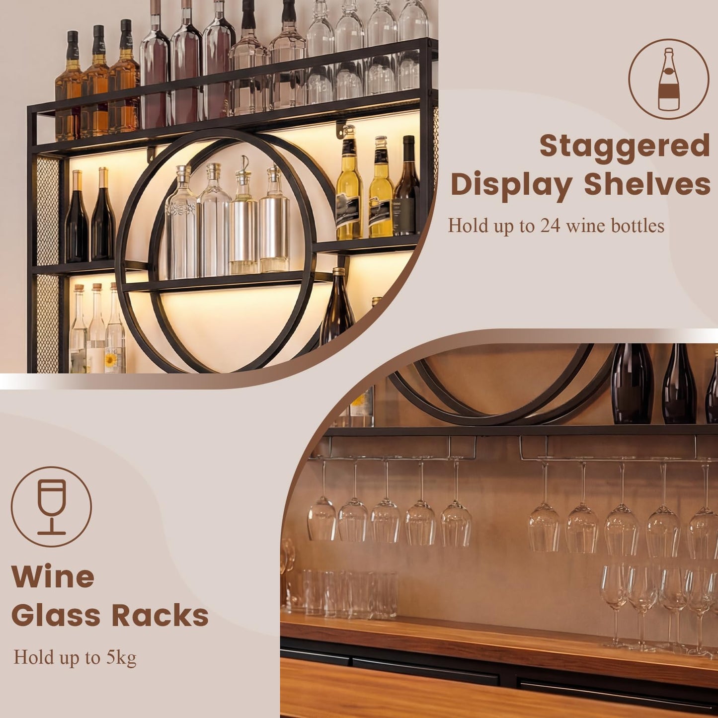 Wall Mounted Wine Rack, 5-Tier Hanging Bar Shelves with Glass Holder