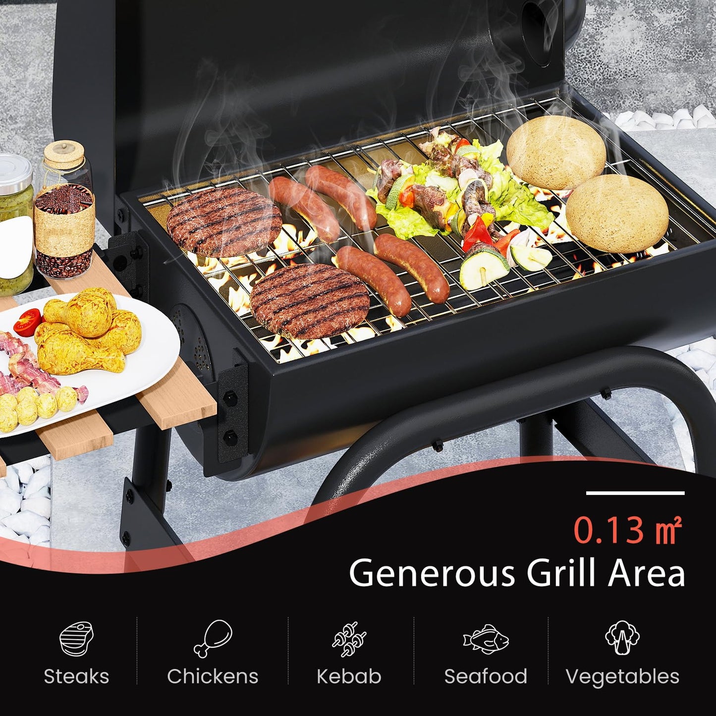 Outdoor Portable Barbecue Grill with Foldable Side Table