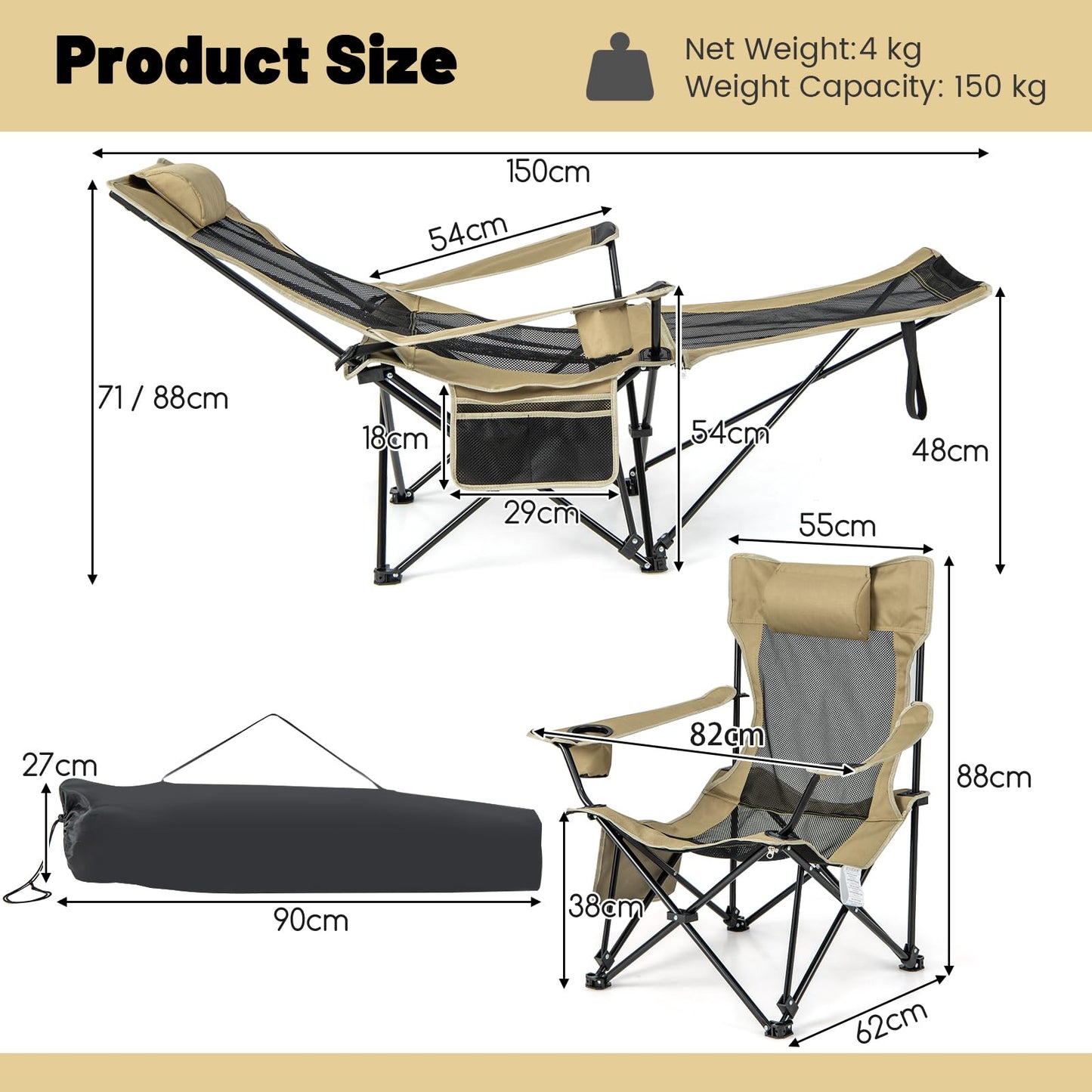 2 in 1 Portable Reclining Camp Chair with Detachable Footrest