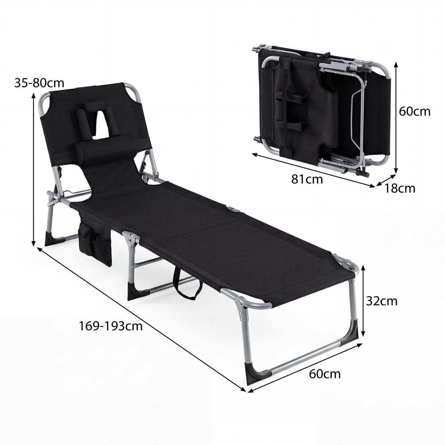 Folding Sun Lounger with Face Hole, 4-Position Adjustable Outdoor Chaise Lounge Chair