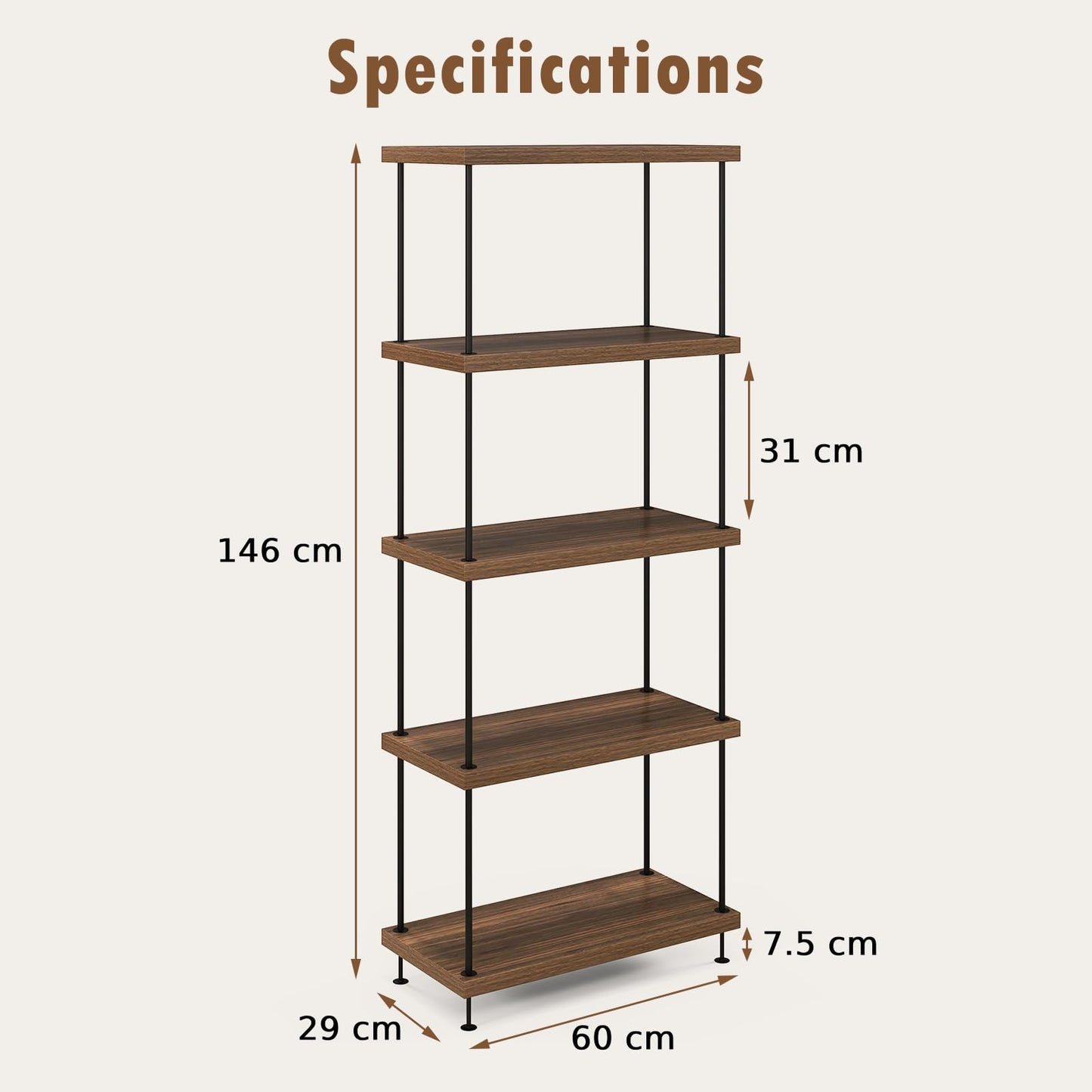 5-Tier Multipurpose Display Rack with Metal Frame for Living Room Home Office