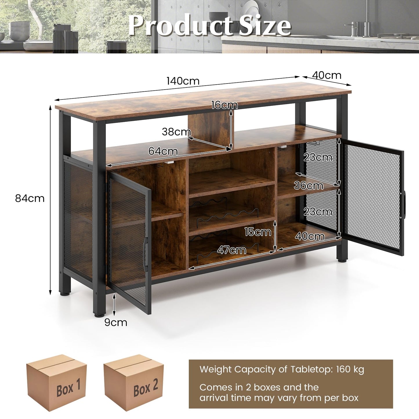 GiantexUK Kitchen Storage Cabinet, Wooden Buffet Sideboard with Wine Racks, Glass Holders, Metal Mesh Doors & Shelves